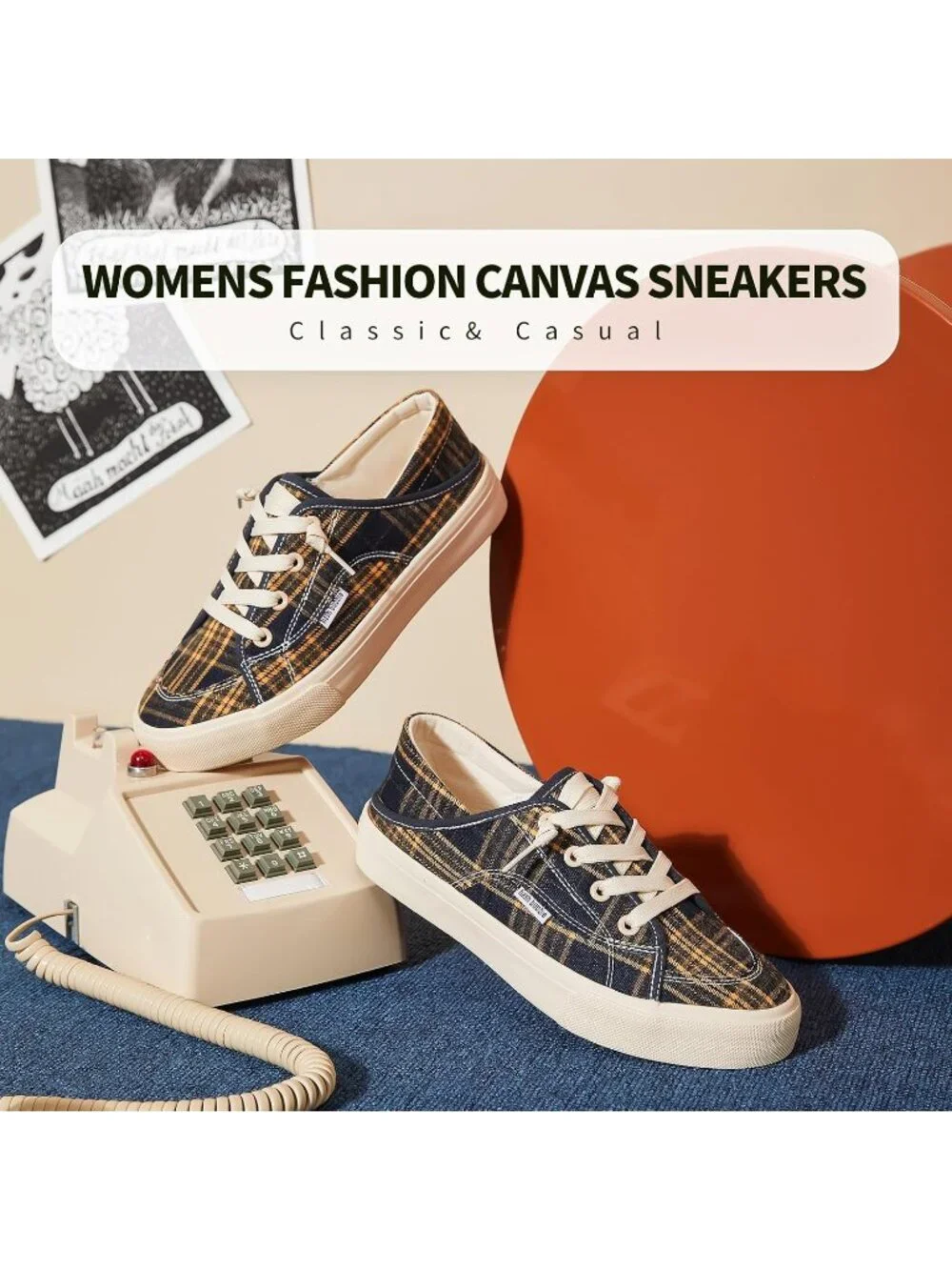 Women's Plaid Navy Blue Round Toe Solid Non Slip Slip on Loafer Sneaker Shoes